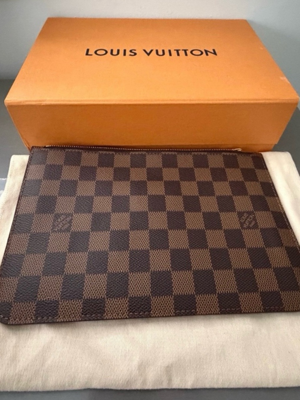 Louis Vuitton Brown Damier Ebene Wristlet Pouch with Gold Hardware
